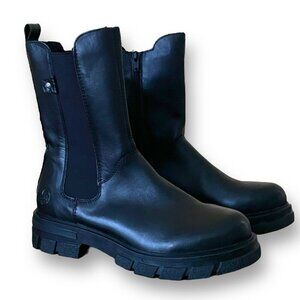 Rieker Womens Chelsea Boot Sz 39 US 8 Black Leather Mid Calf Lugg Sole Lined
